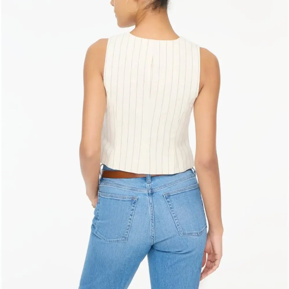 J.Crew Linen Blend Vest Womens 6 White Brown Pinstripes Sleeveless V-neck Lined